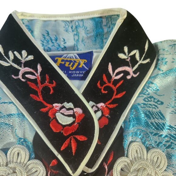 Vtg Fuji Japan Embroidered Kimono Jacket Robe Blue & Black floral cuff collar - Picture 5 of 9